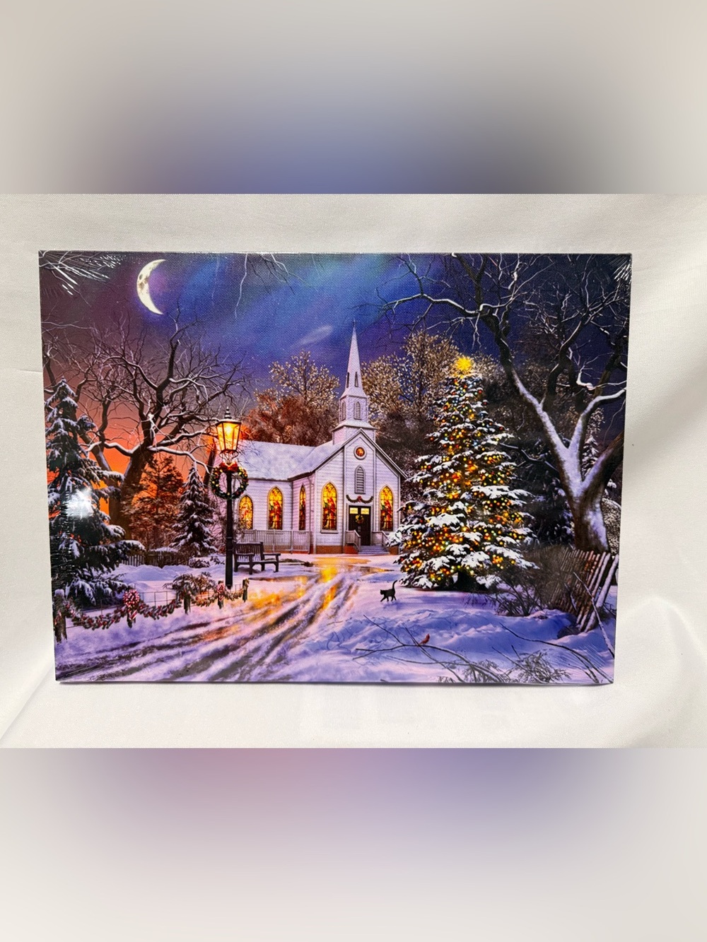 Christmas Lighted Canvas Wall Art snowy church cat tree winter scene